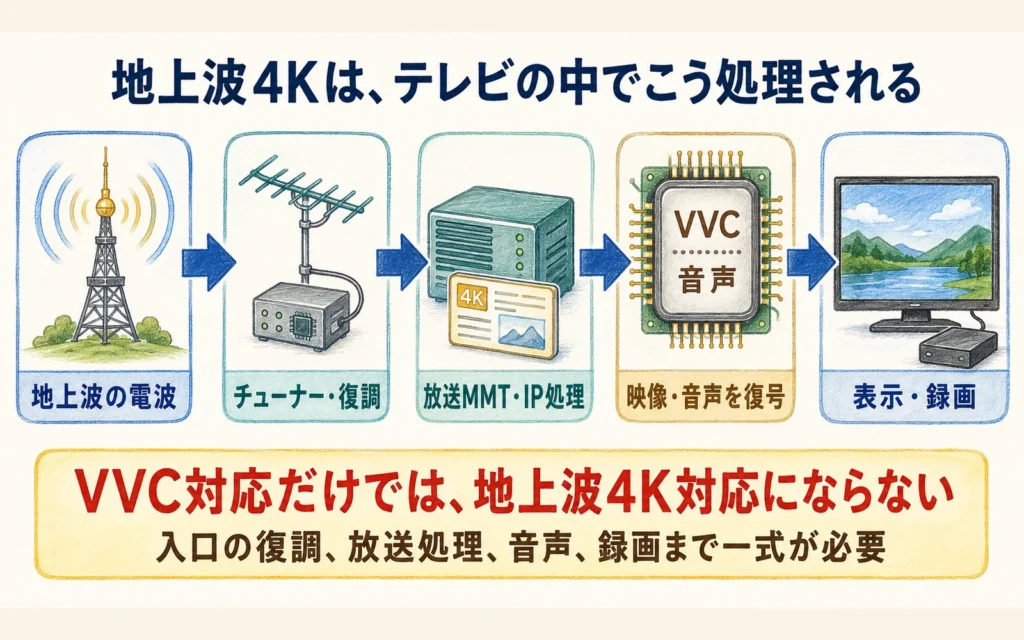地上波4Kの電波をテレビが復調しVVCと音声を復号して表示・録画するまでの流れ
