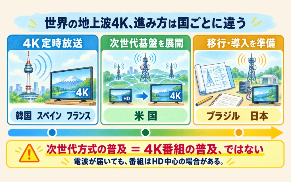 世界の地上波4Kと次世代放送を定時放送・基盤展開・移行準備の三段階で示した比較