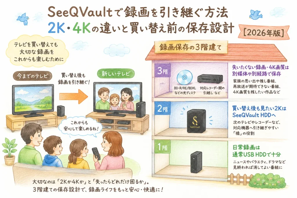 テレビ買い替え時にSeeQVaultで2K録画を次の対応機器へ引き継ぐイメージ