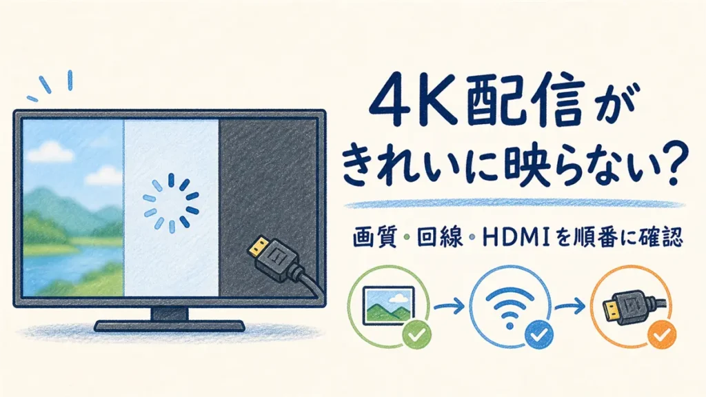 ぼやける映像、読み込み表示、黒画面とHDMIを描き、4K配信トラブルの確認順を示すアイキャッチ