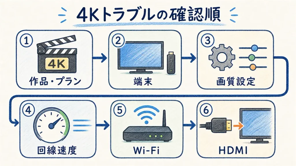 4K配信トラブルを作品・プラン、端末、画質設定、回線速度、Wi-Fi、HDMIの順に確認する流れ