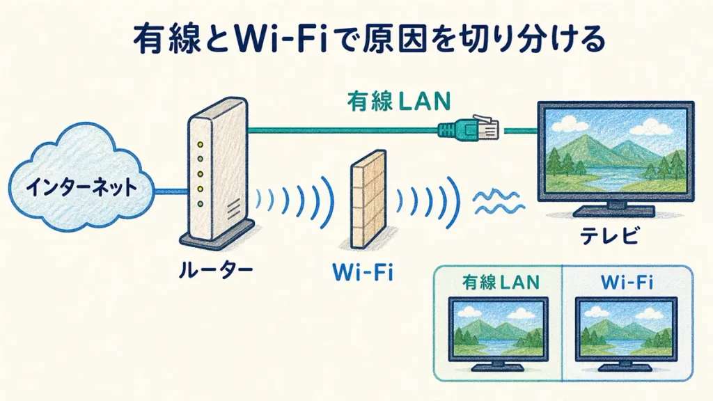インターネットからルーター、テレビまでを有線LANとWi-Fiの2経路で比較する宅内ネットワーク図