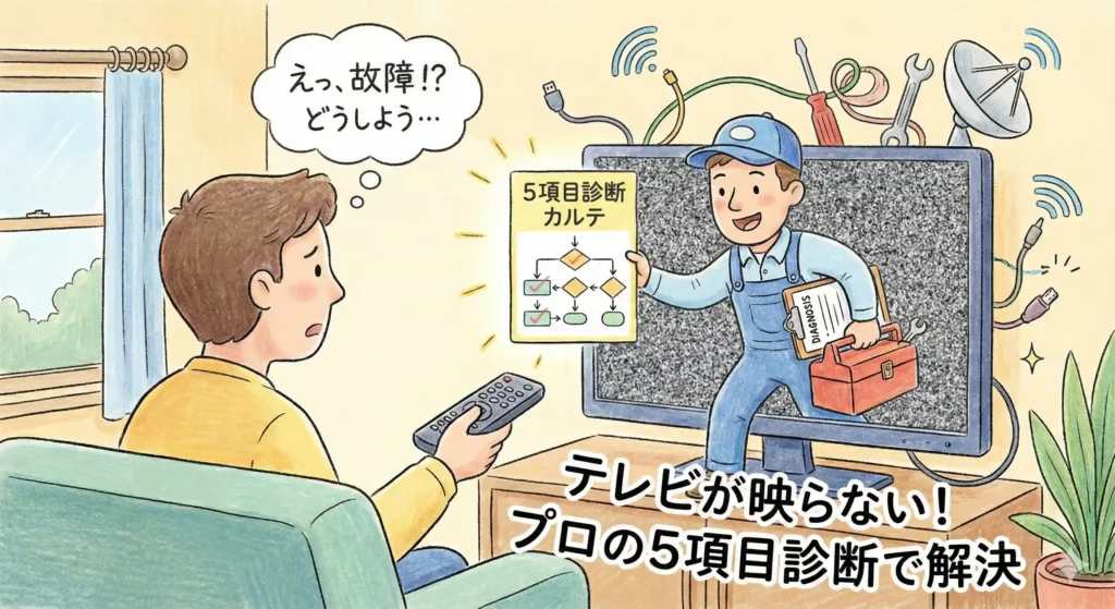 テレビが映らない！プロの5項目診断で解決」というテキストと共に、砂嵐のテレビを前に「えっ、故障！？どうしよう…」と困惑する男性と、画面から飛び出して「5項目診断カルテ」を提示する修理業者が描かれた手書き風イラスト。