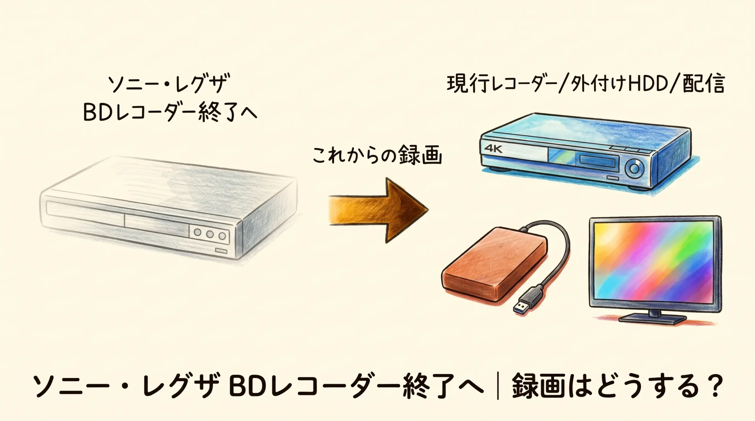 ソニーとレグザのBDレコーダー終了から現行レコーダー・外付けHDD・配信へ移る録画環境を描いた色鉛筆イラスト