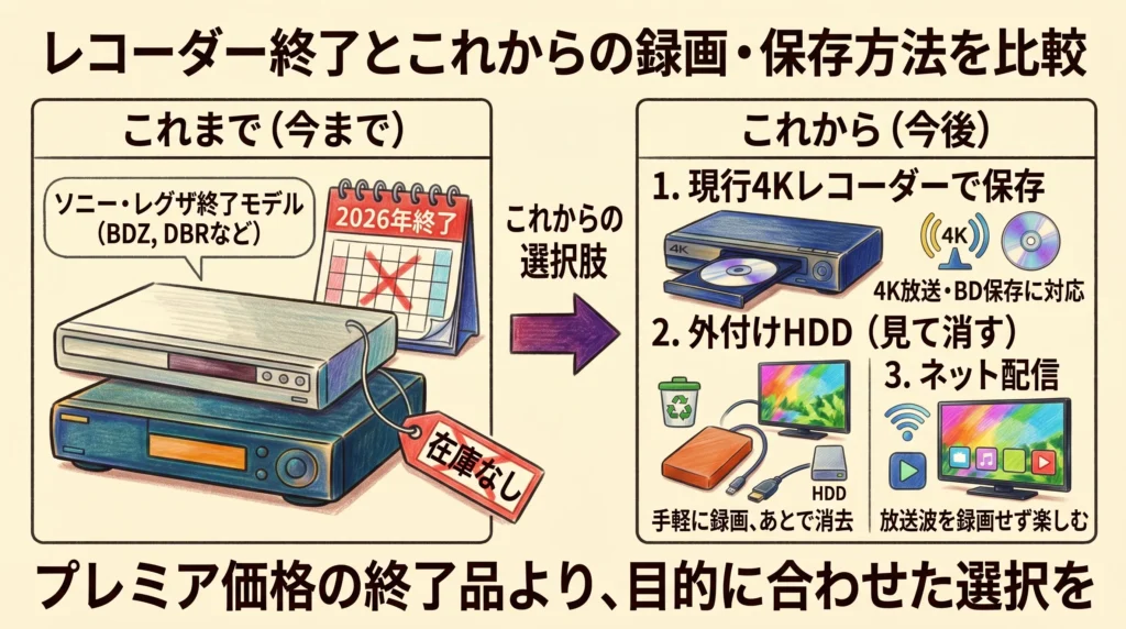 BDレコーダーの終了・タイムシフト録画・現行4Kレコーダー・保存方法の比較を示す色鉛筆イラスト