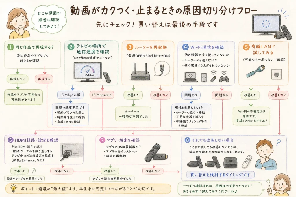 4K動画が止まる・ぼやけるときの原因切り分けフロー図