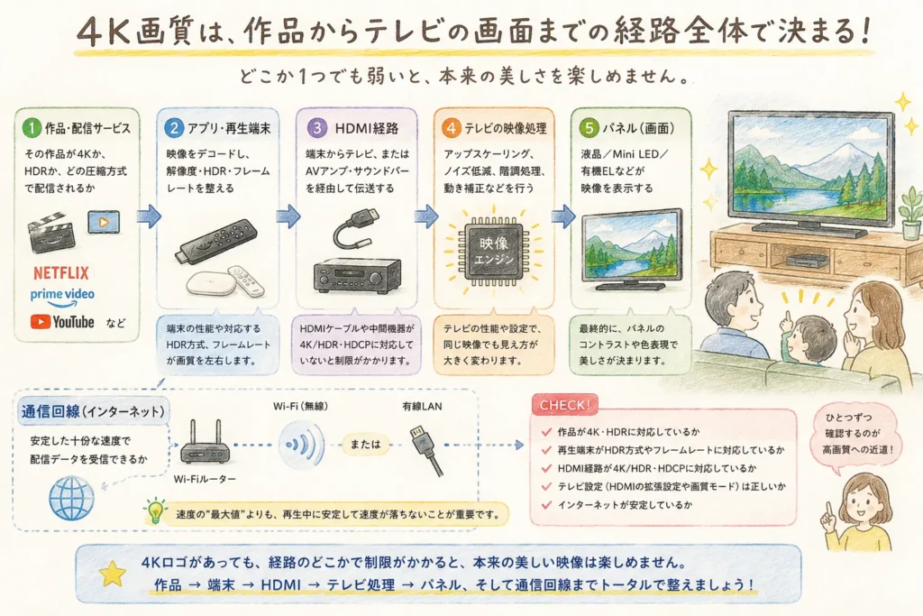 4K配信の画質が作品からテレビ画面まで決まる再生経路の図