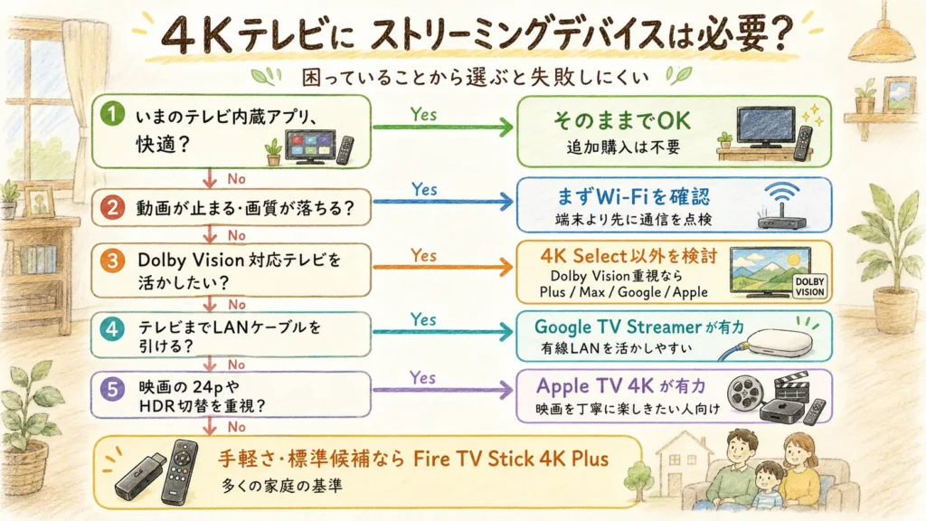 4Kテレビにストリーミングデバイスが必要かを用途別に判断するフロー図