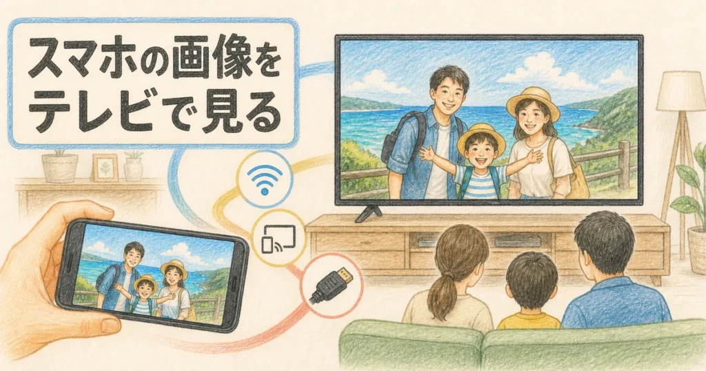 スマホの写真を無線・キャスト・HDMIでテレビへ映し家族で見る手書き風色鉛筆イラスト