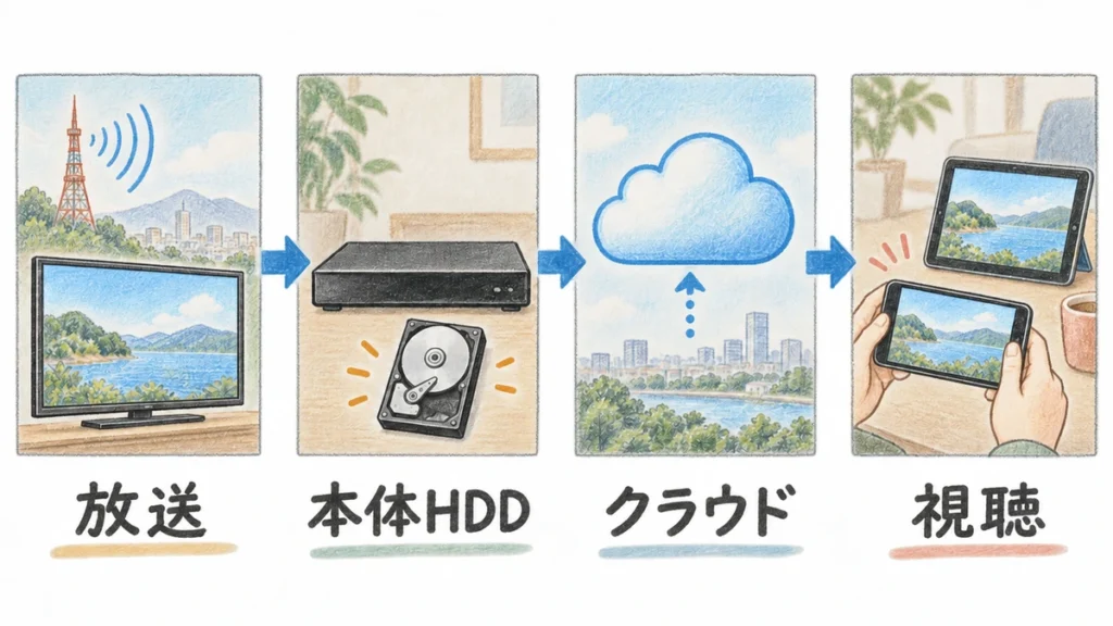 放送番組をディーガ本体のHDDへ録画してからクラウドへ転送し、スマートフォンやタブレットで再生する流れ