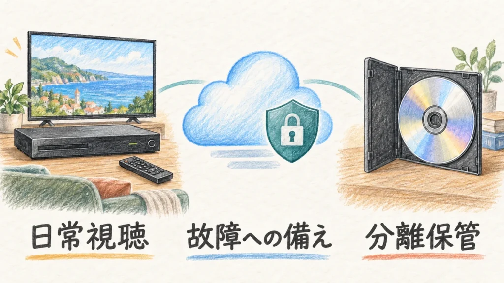 録画番組の保存先を本体HDD、クラウド、光ディスクで役割分担するイメージ