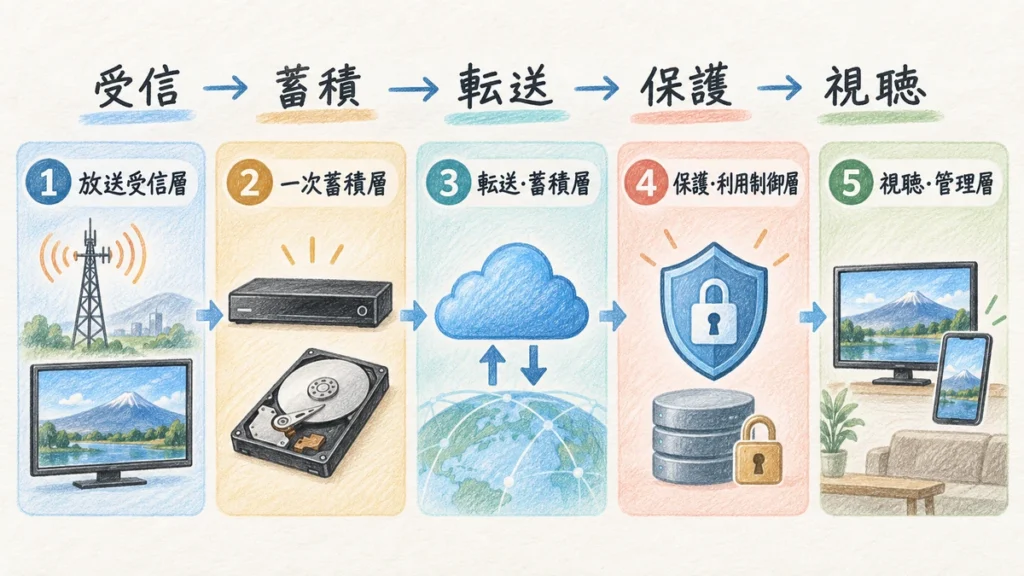 放送受信から一次蓄積、転送、保護、視聴・管理までの連携を示す技術解説図